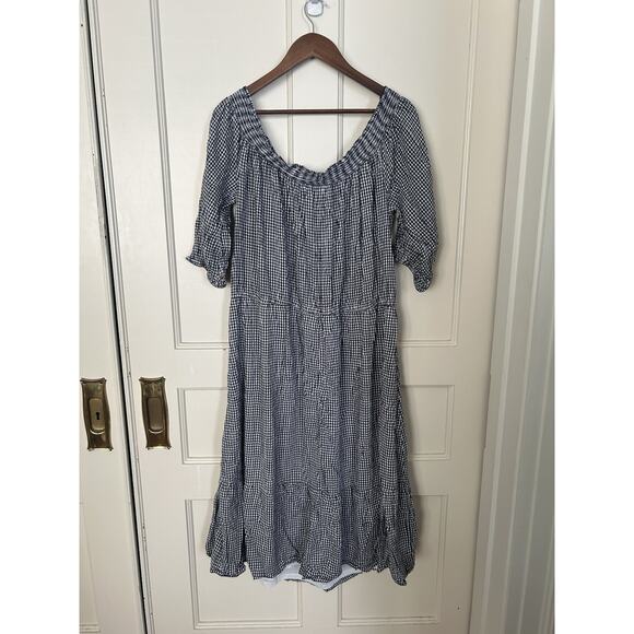 Old Navy Gingham Plaid Off Shoulder Midi Peasant Dress Womens Size XXL Black - Picture 2 of 8